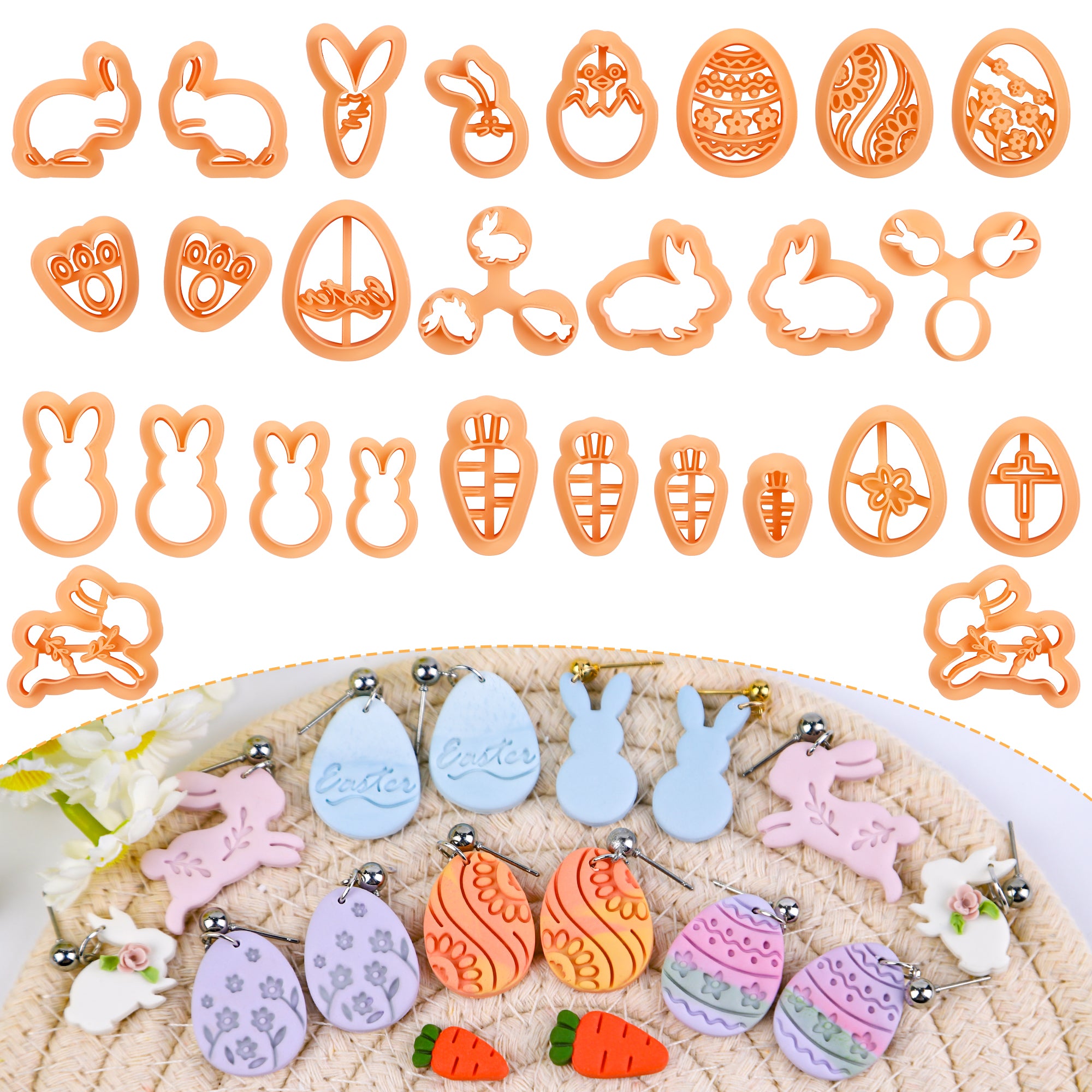 Puocaon Easter Polymer Clay Cutters - 27 Pcs Clay Cutters for Polymer Clay Earrings, Cute Rabbit Bunny Shape Clay Cutters, Carrot Easter Eggs Clay Jewelry Cutters, Rabbit Feet Clay Cutters