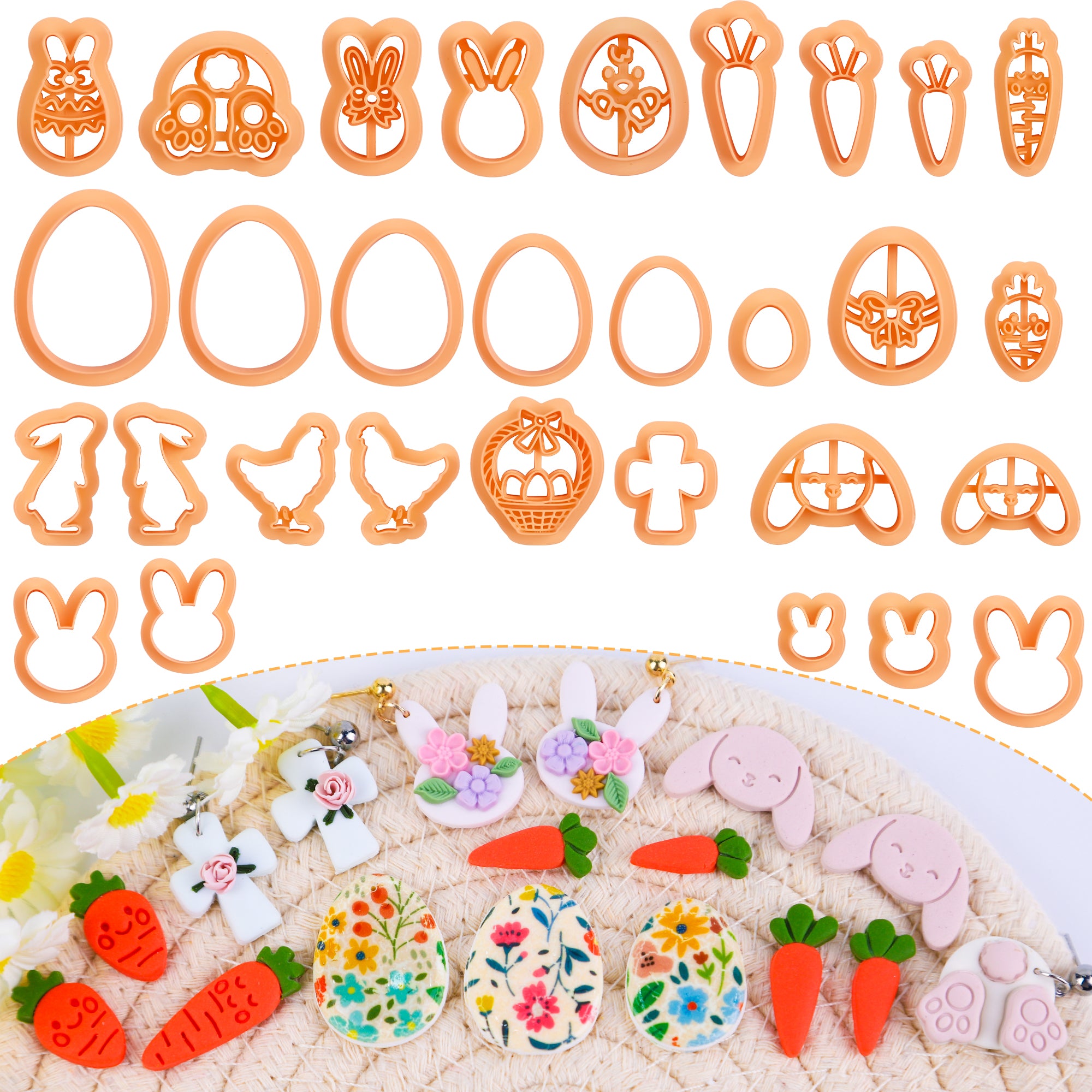 Puocaon Easter Clay Cutters, 30 Pcs Polymer Clay Cutters for Jewelry, Basic Rabbit Egg Carrot Clay Earring Cutters, Mirrored Bunny Chicken Clay Cutters for Earrings, Egg Basket Clay Jewelry Cutters