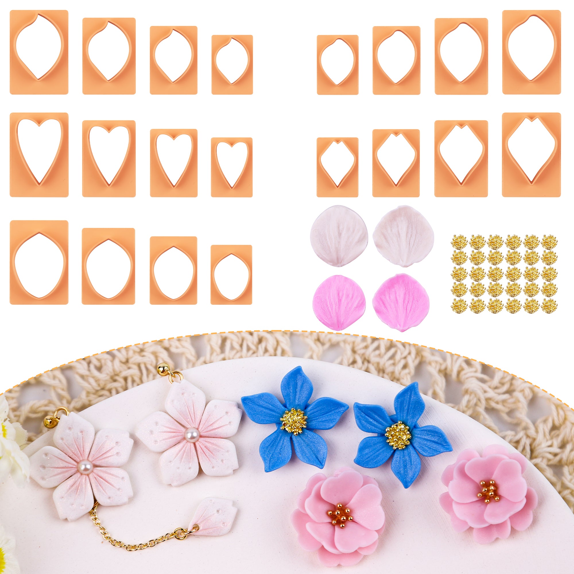 Puocaon Petal Polymer Clay Cutters - 20 Pcs Petal Clay Cutters for Polymer Clay Earrings, 30 Pcs Pistil Brass Charms 4 Petal Texture Clay Molds