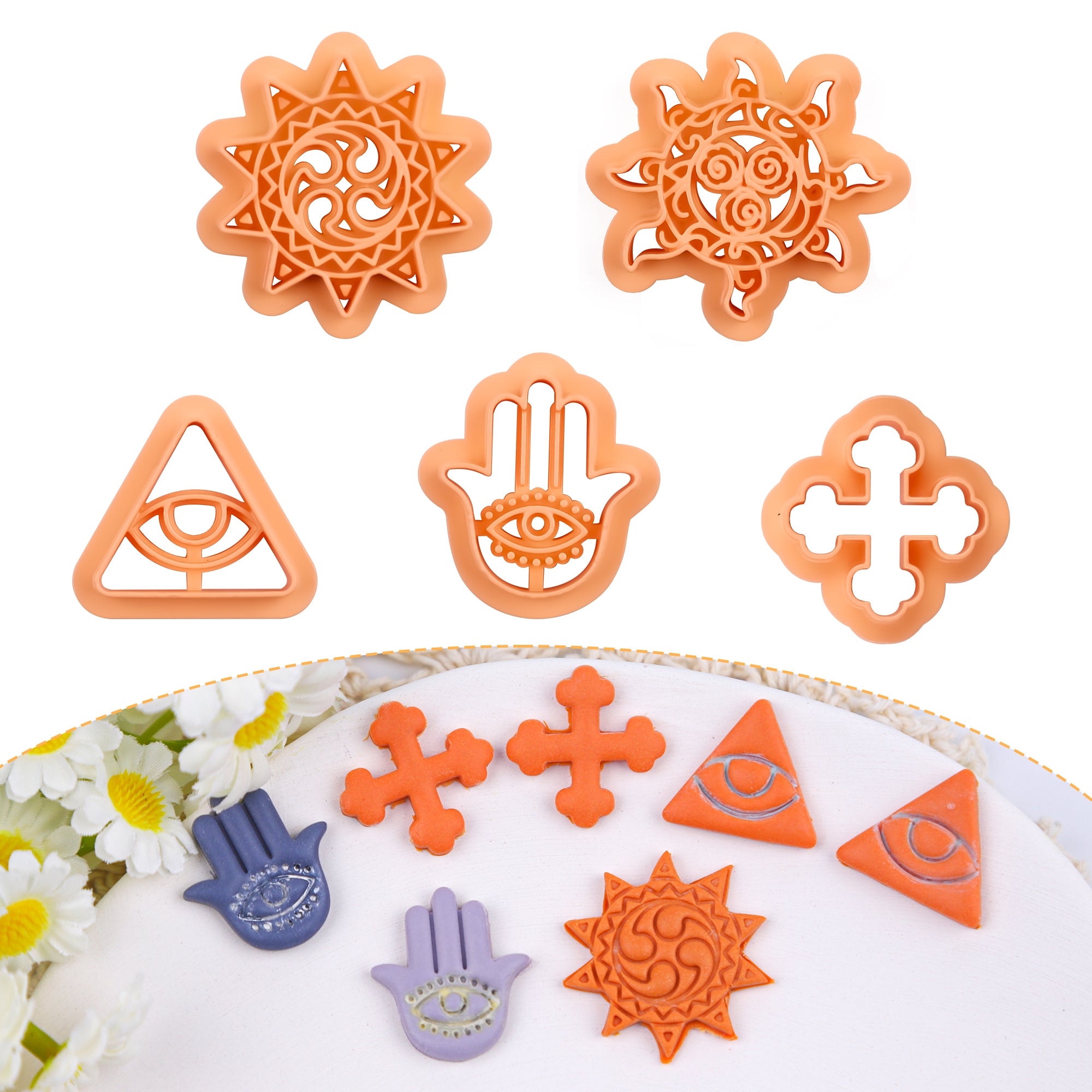 Puocaon Mystic Polymer Clay Cutters 5 Pcs Boho Sun Triangle Evil Eye Hamsa Hand Clay Cutters