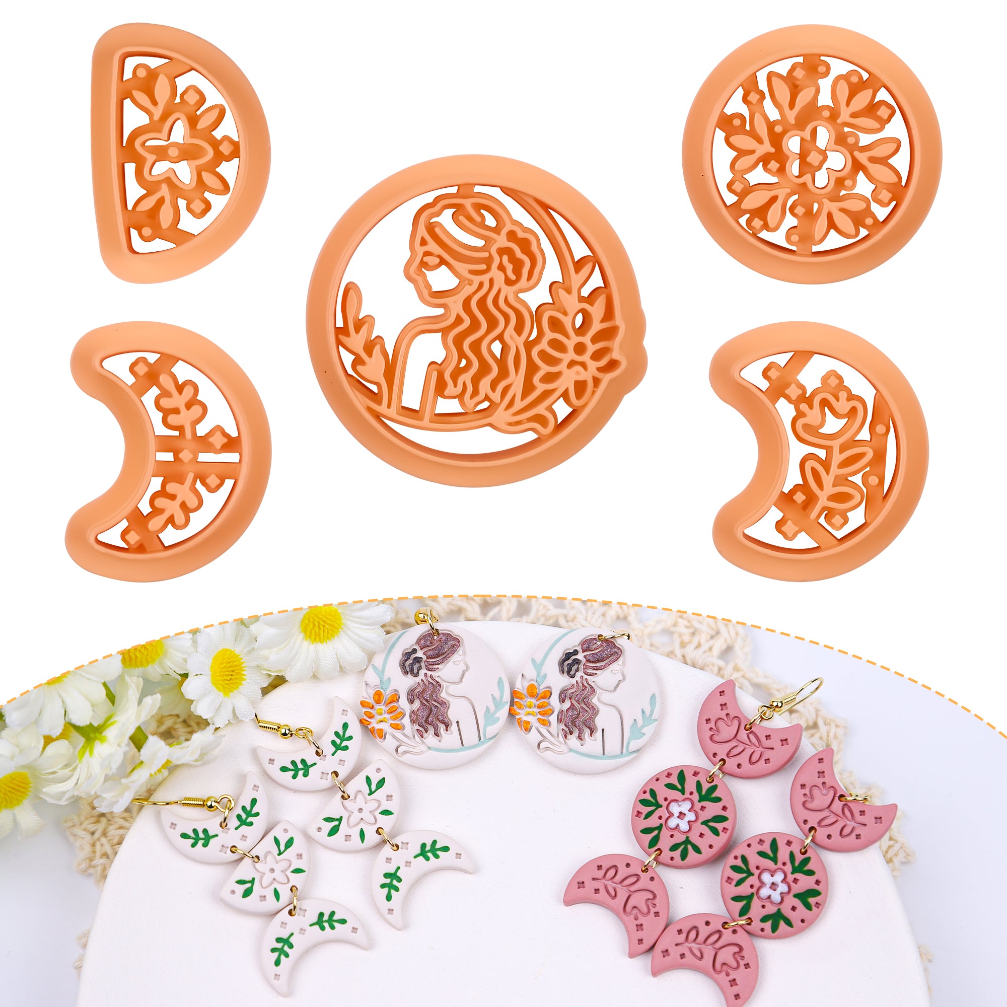 Puocaon Boho Moon Phase Clay Cutters Embossed Floral 5 Pcs