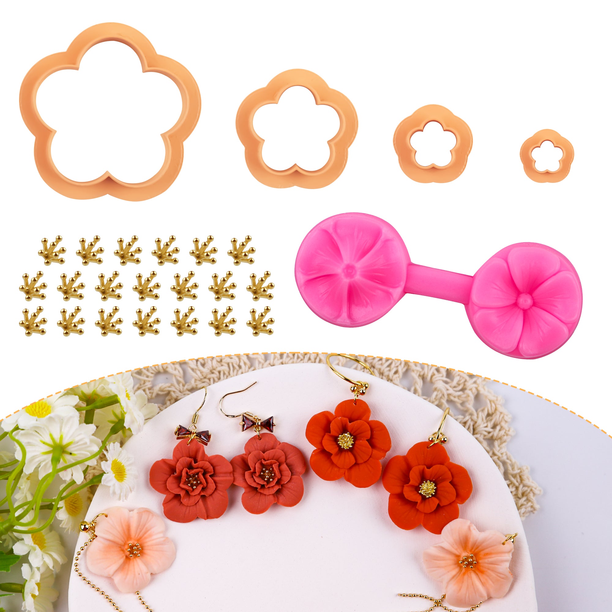 Puocaon Flower Petal Clay Cutters 4 Pcs, 2 Pcs Flower Texture Molds, 20 Pcs Brass Charms