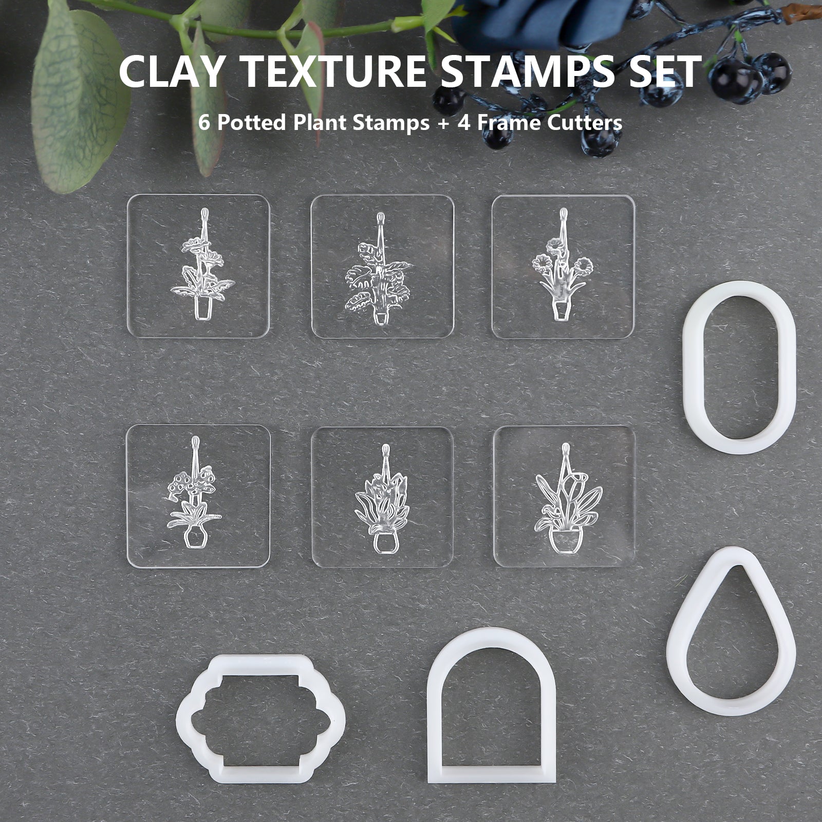 Puocaon Acrylic Texture Stamps for Polymer Clay 6 Pcs with 4 Pcs Clay Cutters