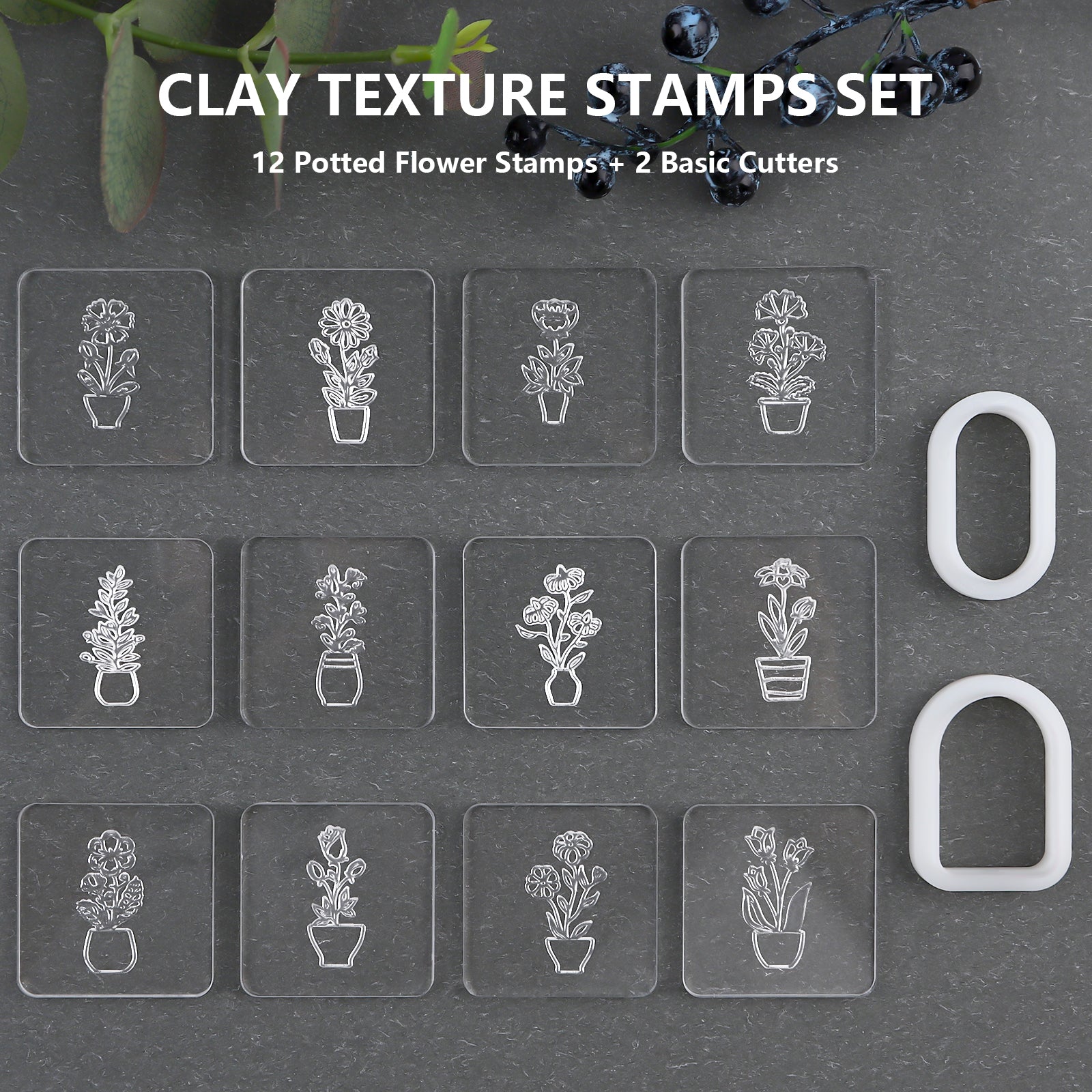 Puocaon Potted Plant Clay Stamps 12 Pcs with 2 Pcs Square Clay Cutters