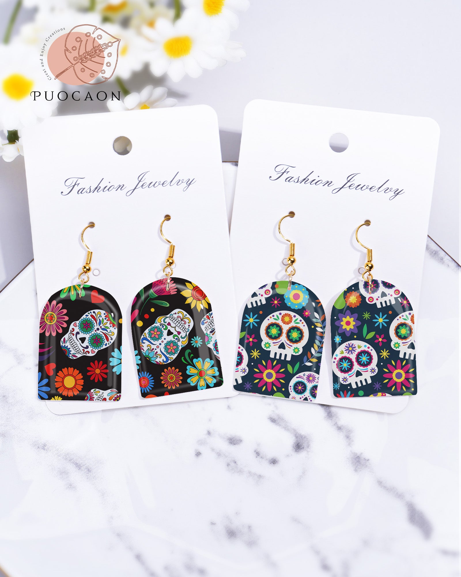 Puocaon Sugar Skull Transfer Paper for Polymer Clay - 4 Design 20 Pcs