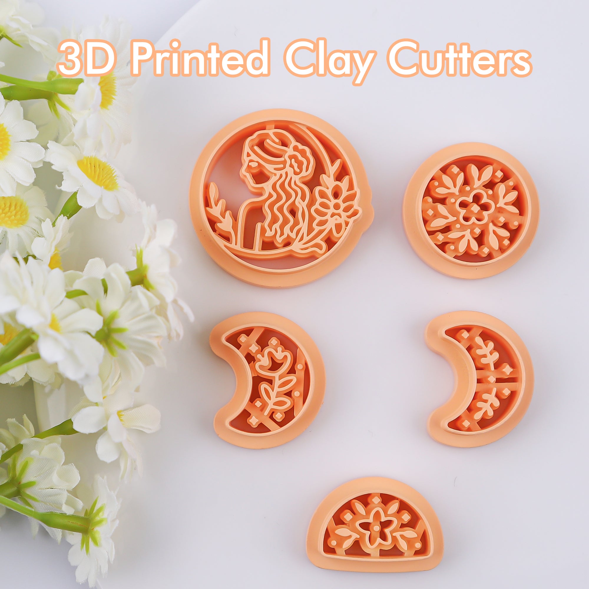 Puocaon Boho Moon Phase Clay Cutters Embossed Floral 5 Pcs