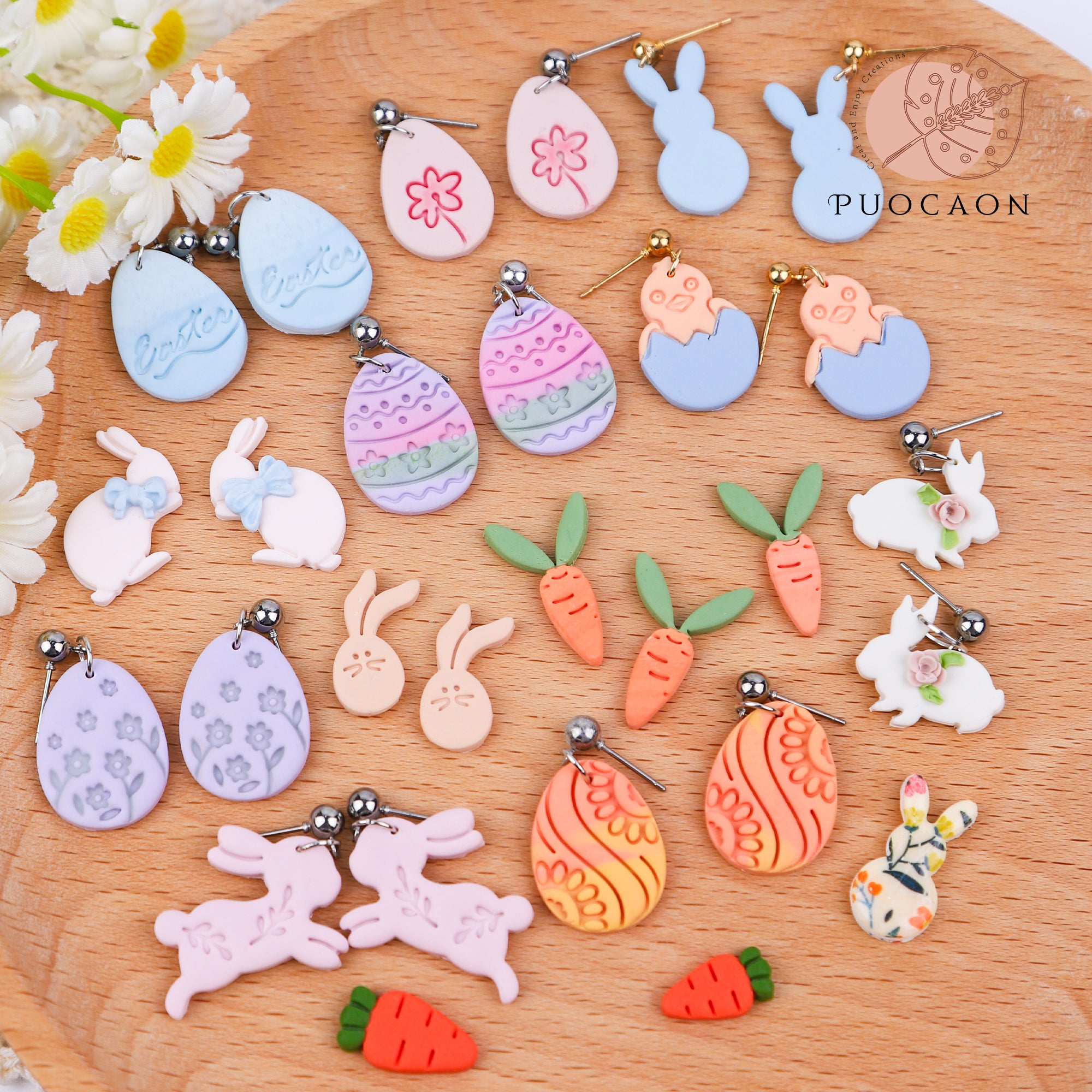 Puocaon Easter Polymer Clay Cutters - 27 Pcs Clay Cutters for Polymer Clay Earrings, Cute Rabbit Bunny Shape Clay Cutters, Carrot Easter Eggs Clay Jewelry Cutters, Rabbit Feet Clay Cutters