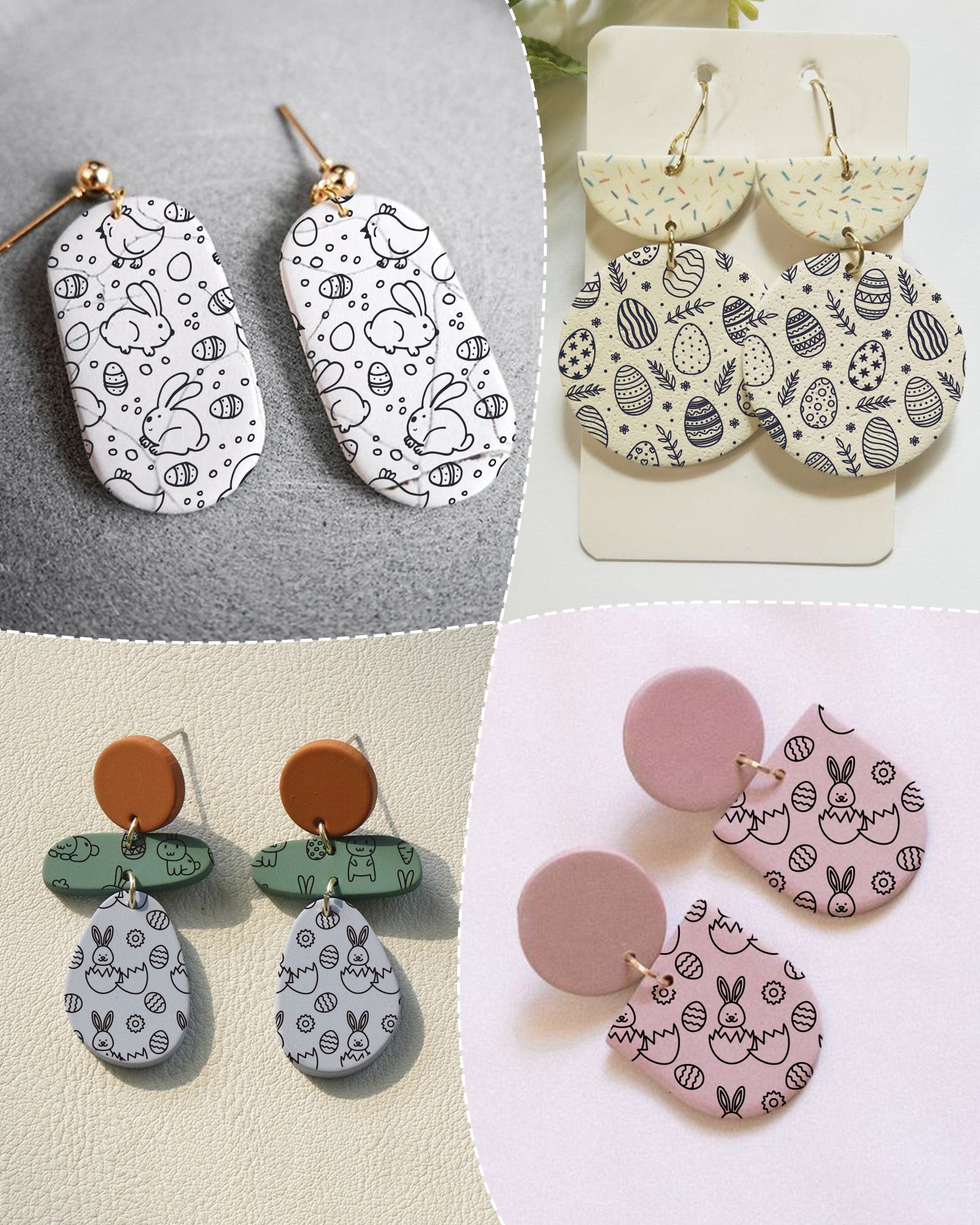 Puocaon Easter Clay Silk Screen - 6 Pcs Polymer Clay Silk Screen Stencils for Earrings Jewelry, Easter Eggs Silk Screen Stencils for Polymer Clay Earrings, Cute Rabbit Polymer Clay Silk Screen