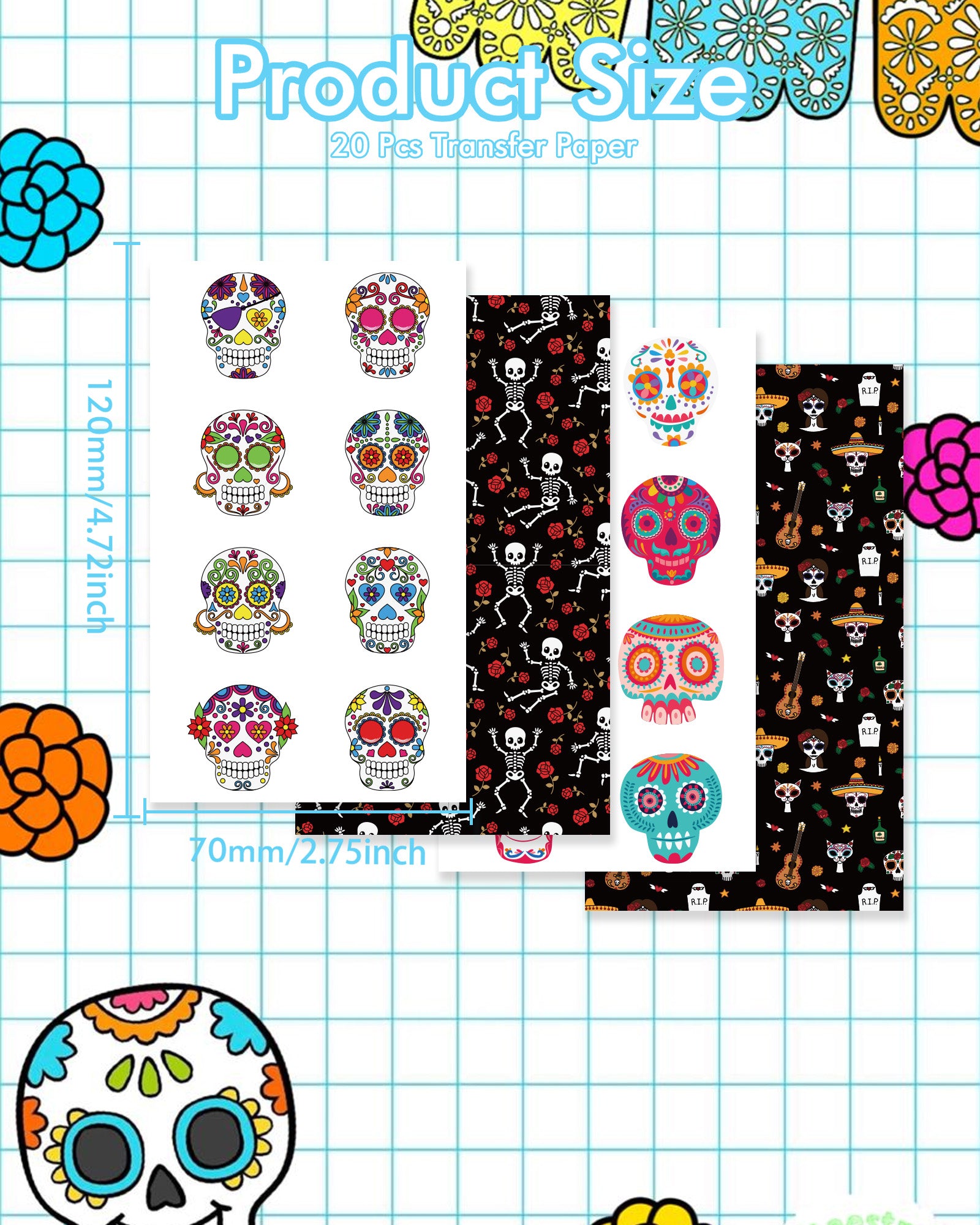 Puocaon Day of the Dead Transfer Paper for Polymer Clay 4 Design 20 Pc