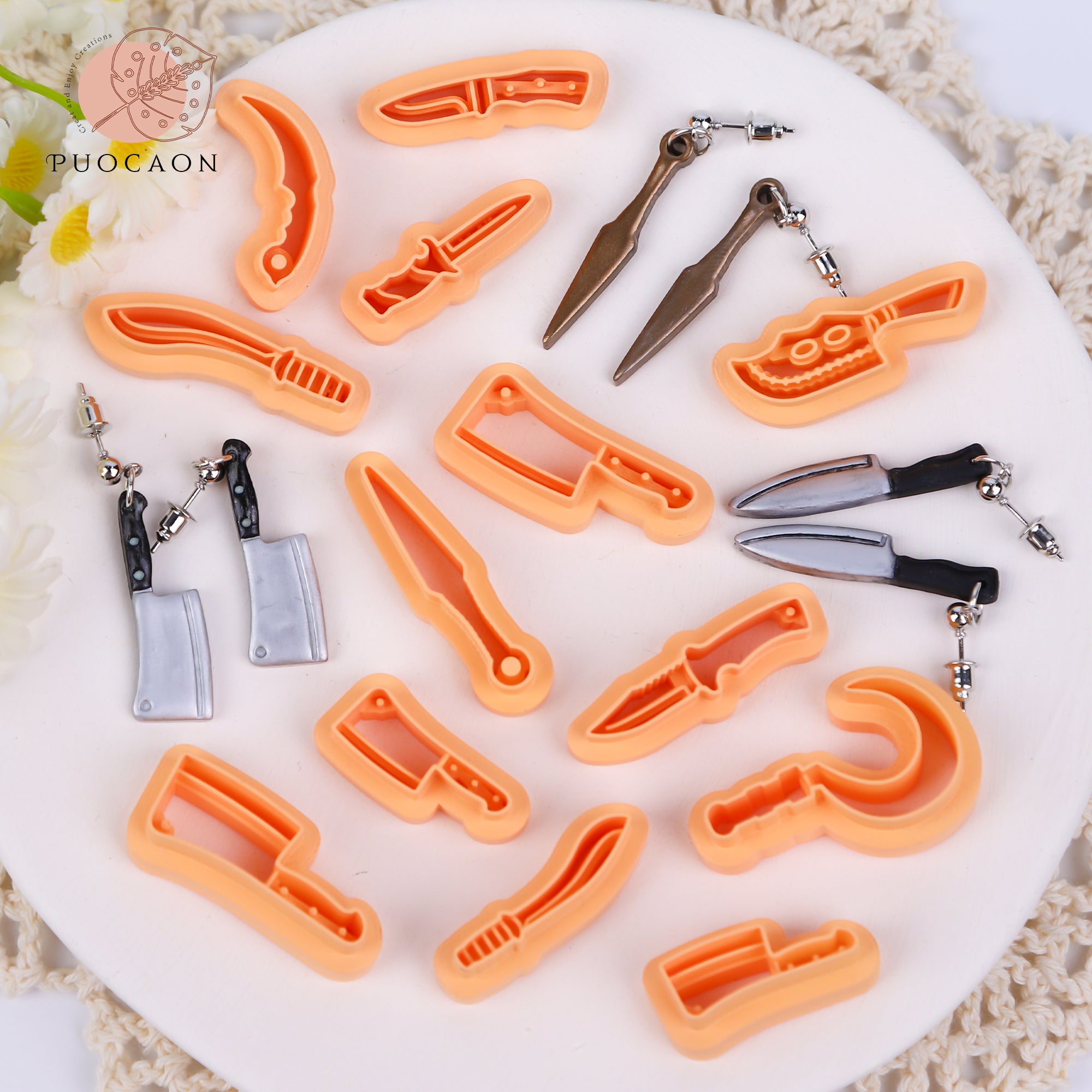 Puocaon Knives Polymer Clay Cutters - 16 Pcs Clay Cutters for Polymer Clay Earrings Making, Cleaver Clay Cutters for Earrings, Sickle Dagger Polymer Clay Jewelry Cutters, Knife Clay Earring Cutters