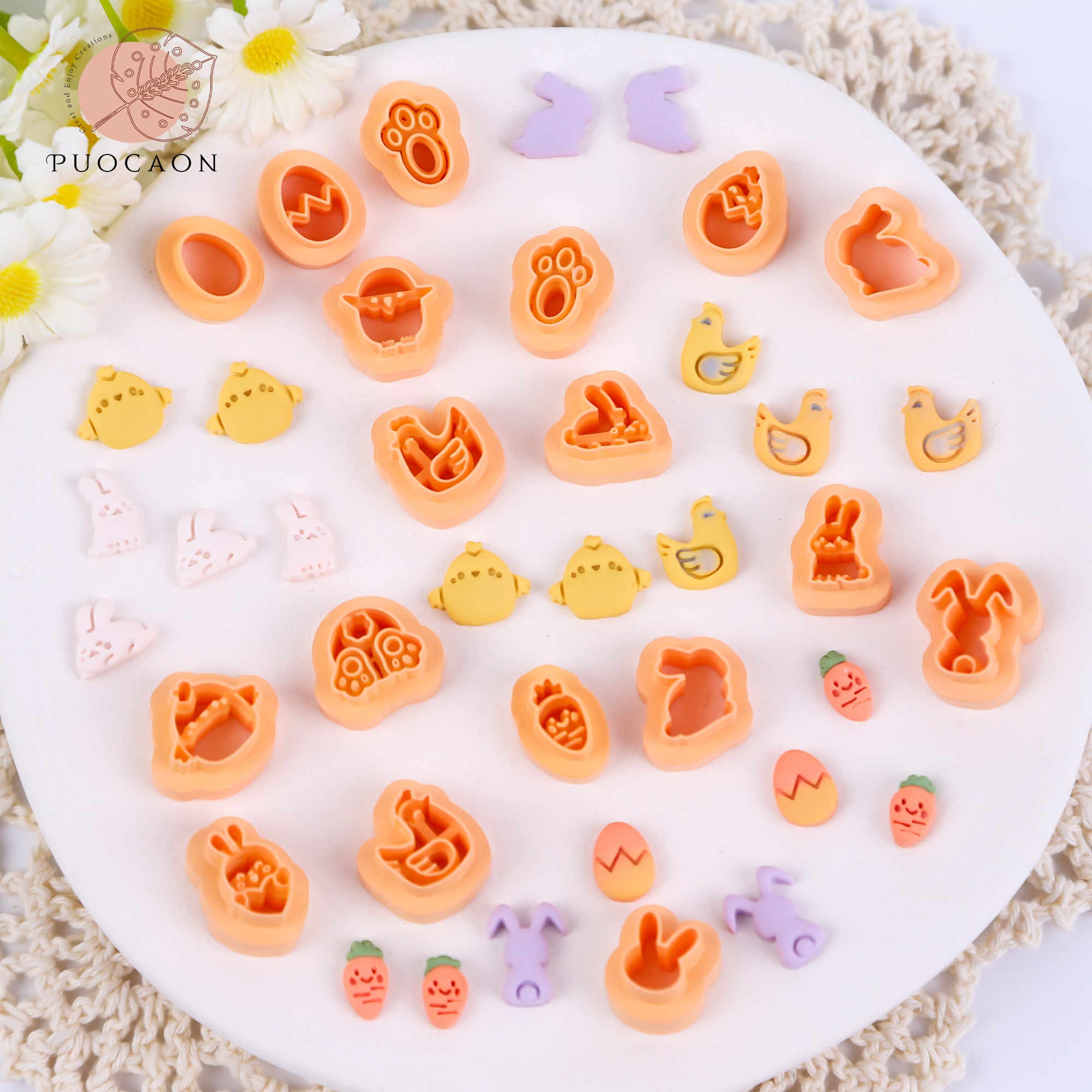 Puocaon Easter Polymer Clay Cutters - 18 Pcs Stud Clay Earring Cutters, Baby Rabbit Chicken Eggs Clay Cutters for Polymer Clay Earrings, 3D Print Mini Clay Cutters for Earrings Making