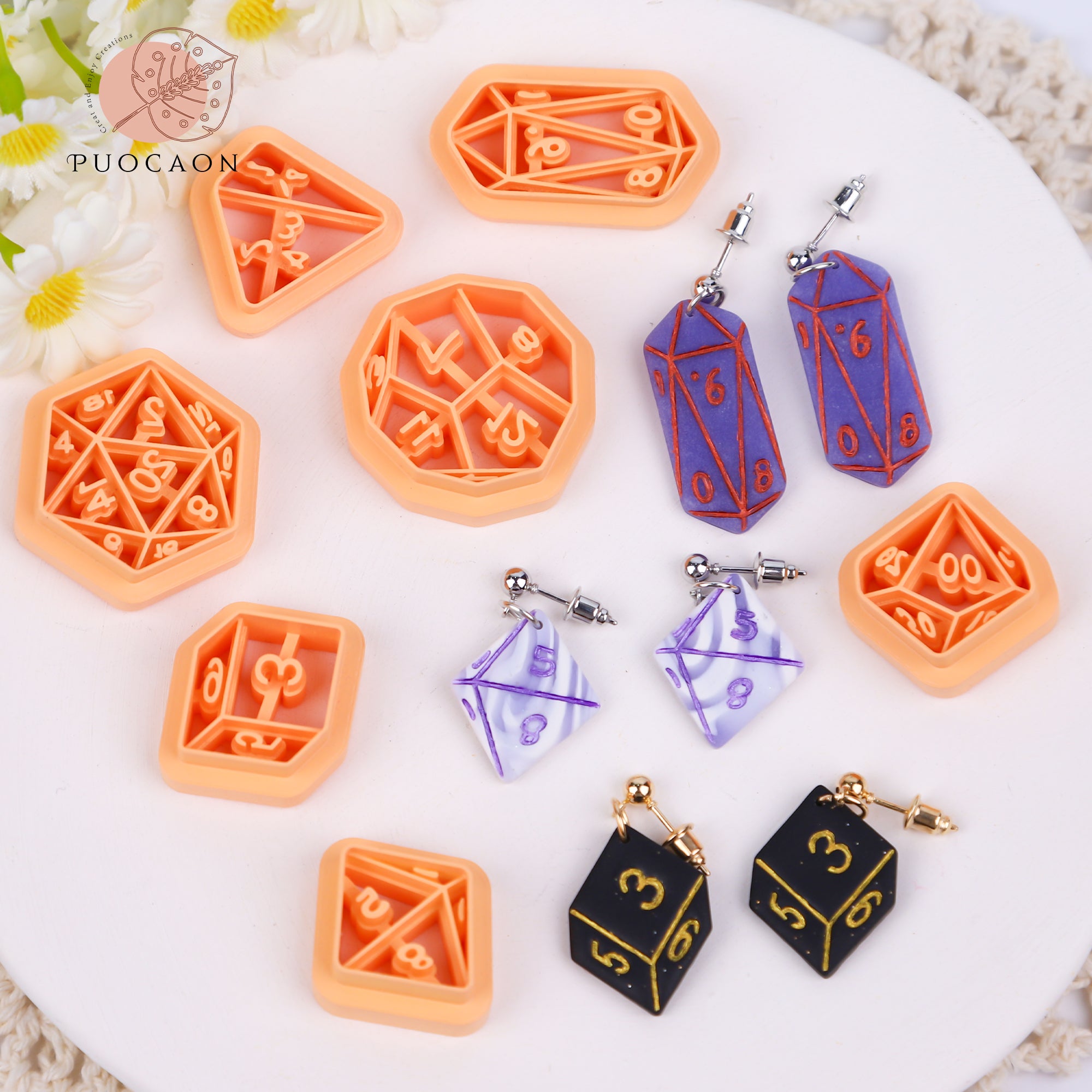 Puocaon Dice Polymer Clay Cutters - 7 Pcs Clay Cutters for Polymer Clay Earrings, Icosahedron Embossed Clay Cutters for Earrings Jewelry, Polyhedral-Flat Dice Clay Earring Cutters Clay Jewelry