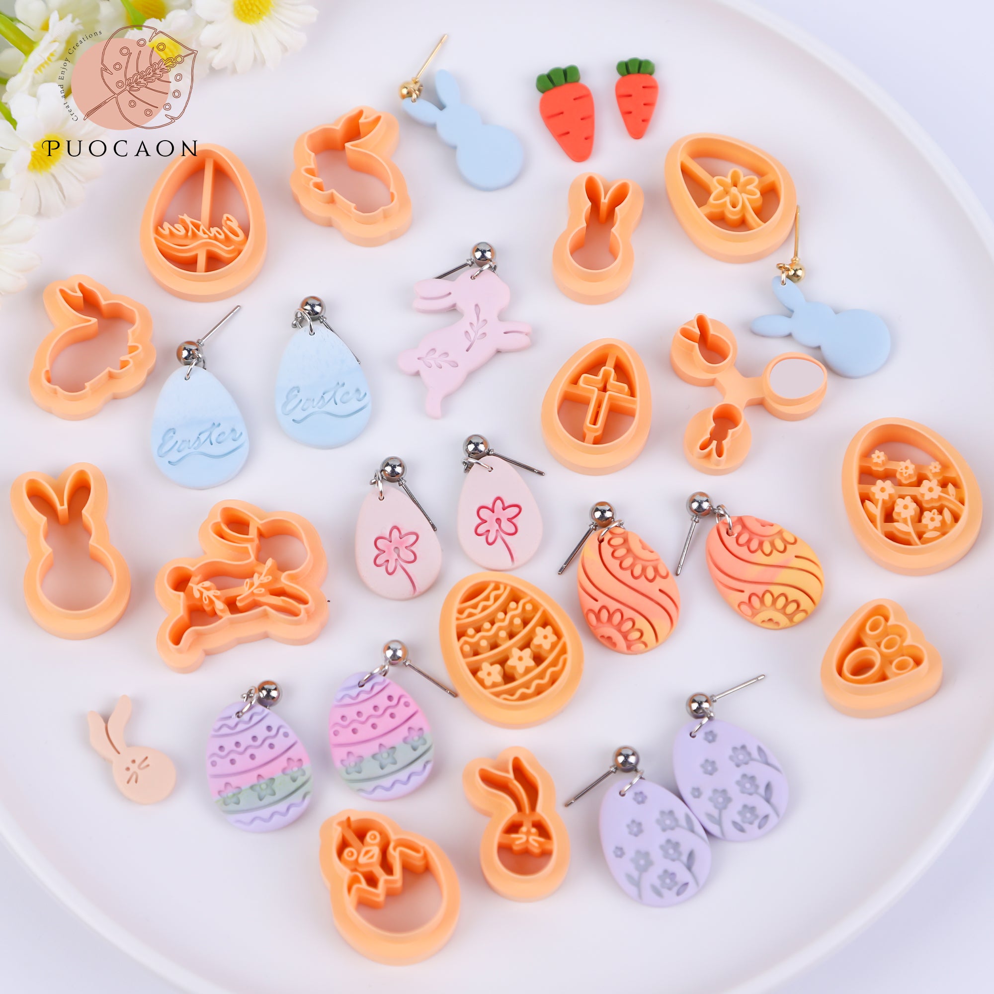 Puocaon Easter Polymer Clay Cutters - 27 Pcs Clay Cutters for Polymer Clay Earrings, Cute Rabbit Bunny Shape Clay Cutters, Carrot Easter Eggs Clay Jewelry Cutters, Rabbit Feet Clay Cutters