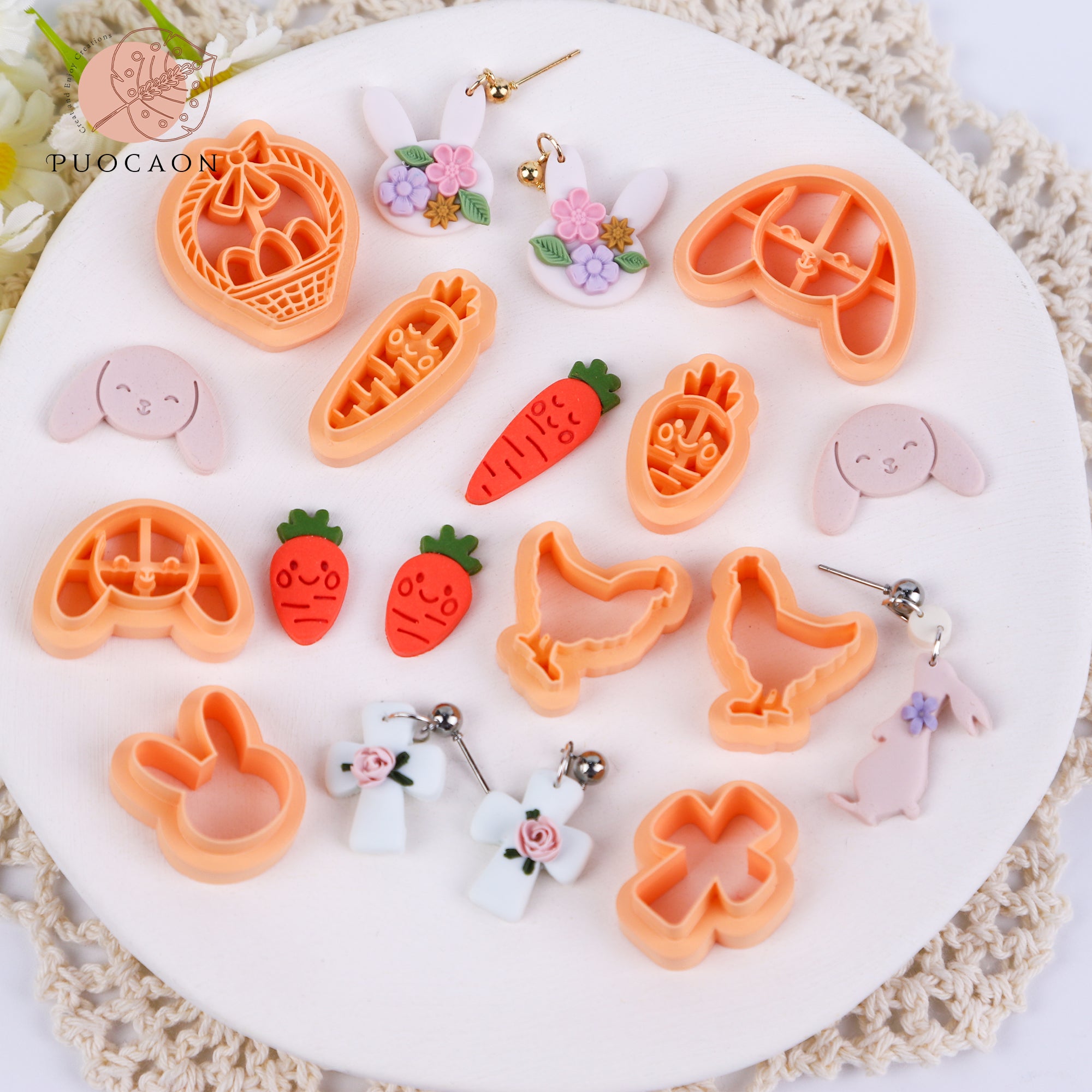 Puocaon Easter Polymer Clay Cutters - 15 Pcs Clay Cutters for Easter Polymer Clay Earrings Making, Rabbit Carrot Cross Clay Cutters, Cartoon Rabbit Head Clay Cutters for Polymer Clay Jewelry