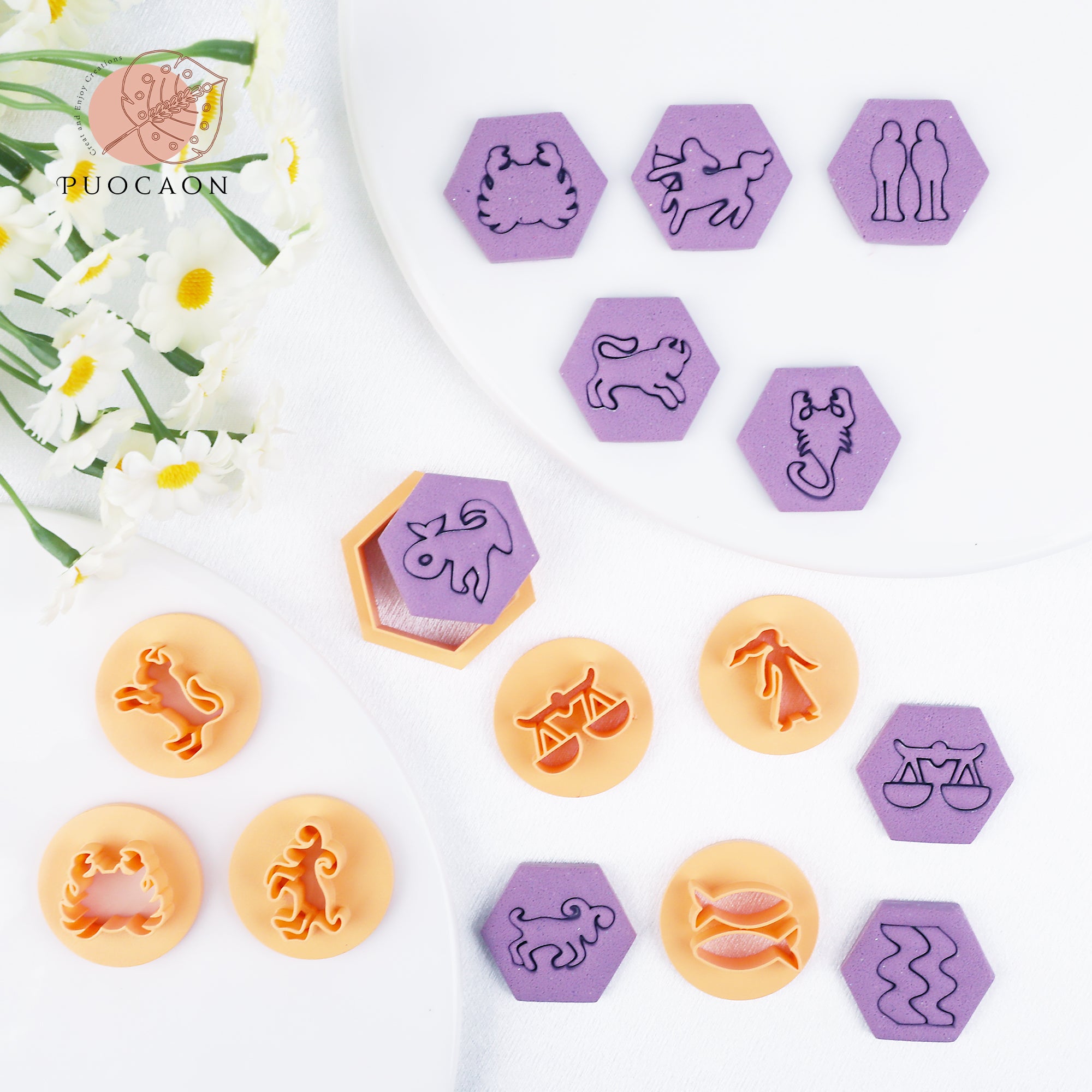 Puocaon 12 Pcs Zodiac Symbol Clay Stamps 1 Hexagon Clay Cutter