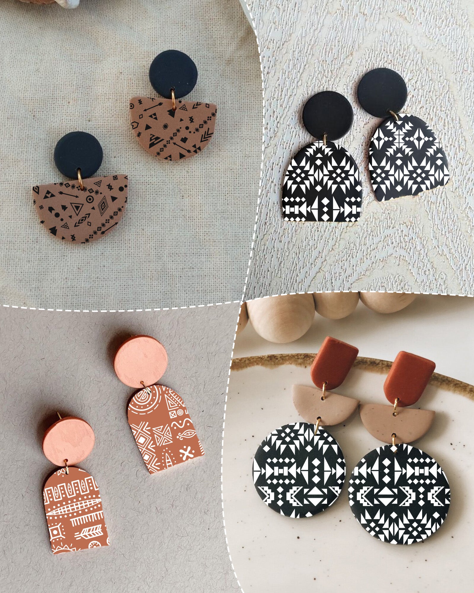 Puocaon Aztec Polymer Clay Stencils - 8 Pcs Silk Screen Stencils for Polymer Clay Earrings, Folk Polymer Clay Silk Screen Stencils for Earrings Jewelry, Boho Clay Silk Screen Stencils