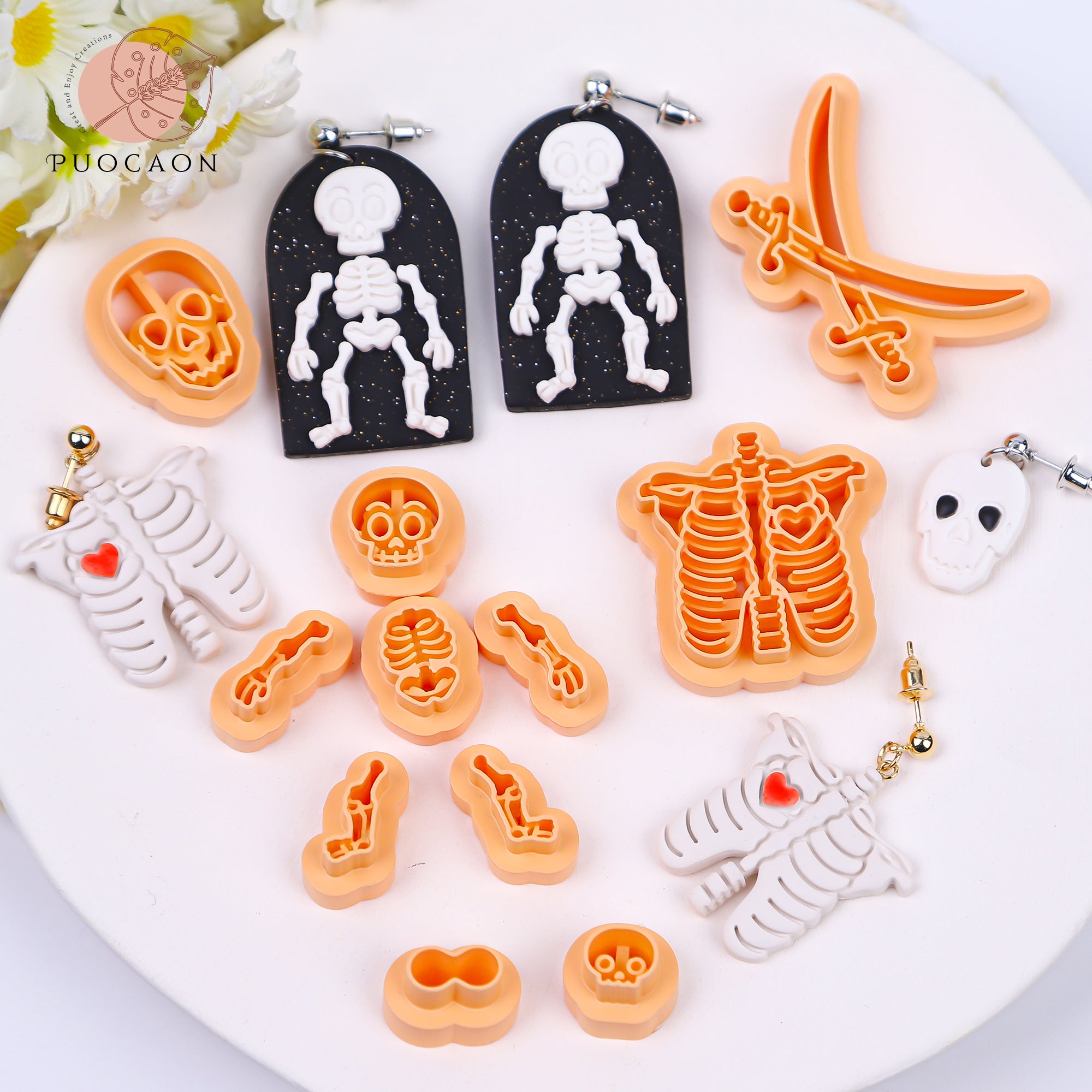 Puocaon Skull Polymer Clay Cutters - 14 Pcs Human Bone Clay Cutters for Polymer Clay Earrings