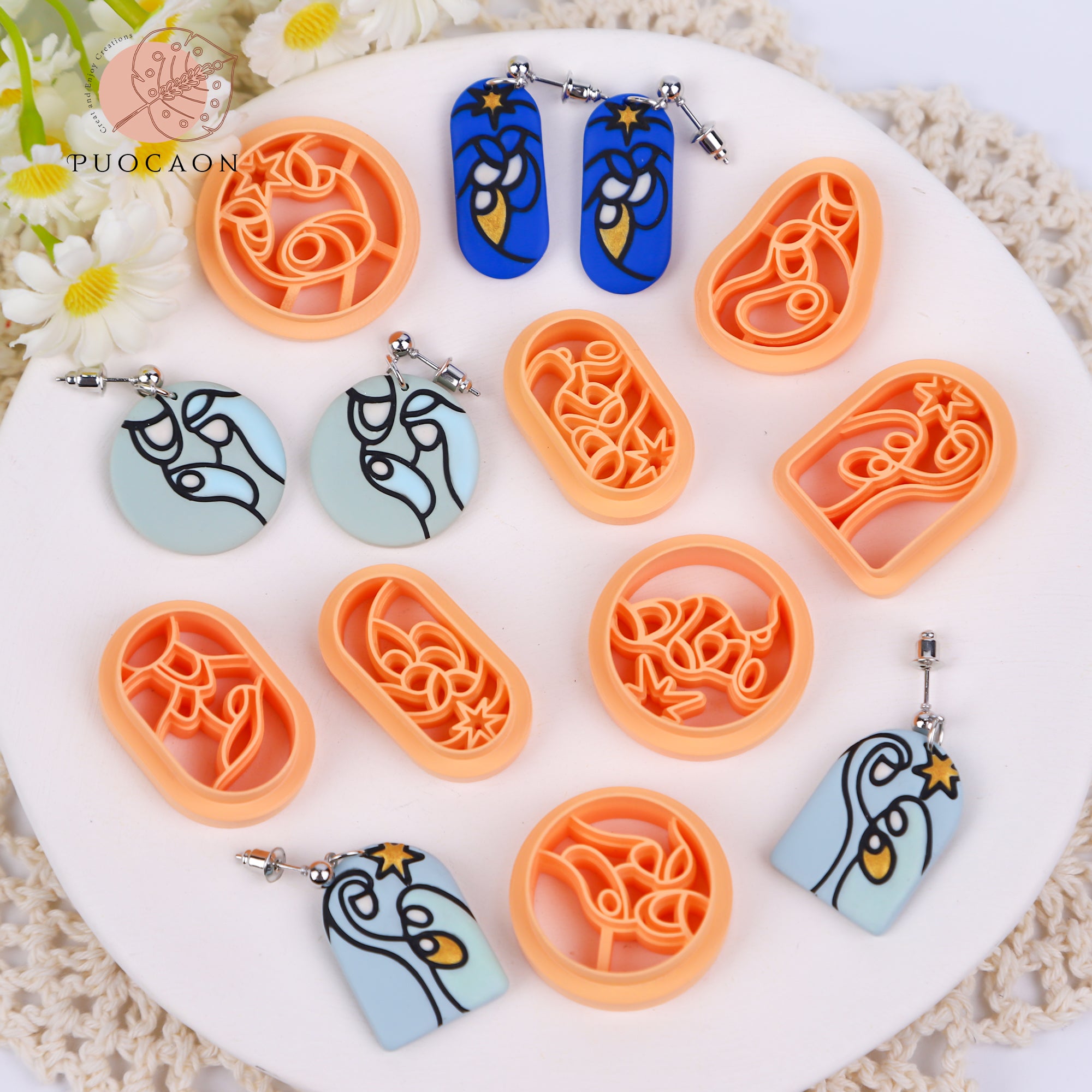 Puocaon Christmas Nativity Clay Cutters - 8 Pcs Clay Cutters for Polymer Clay Earrings Jewelry, Circle Embossed Christian Clay Cutters for Earrings, 3D Print Nativity Scene Clay Jewelry Cutters