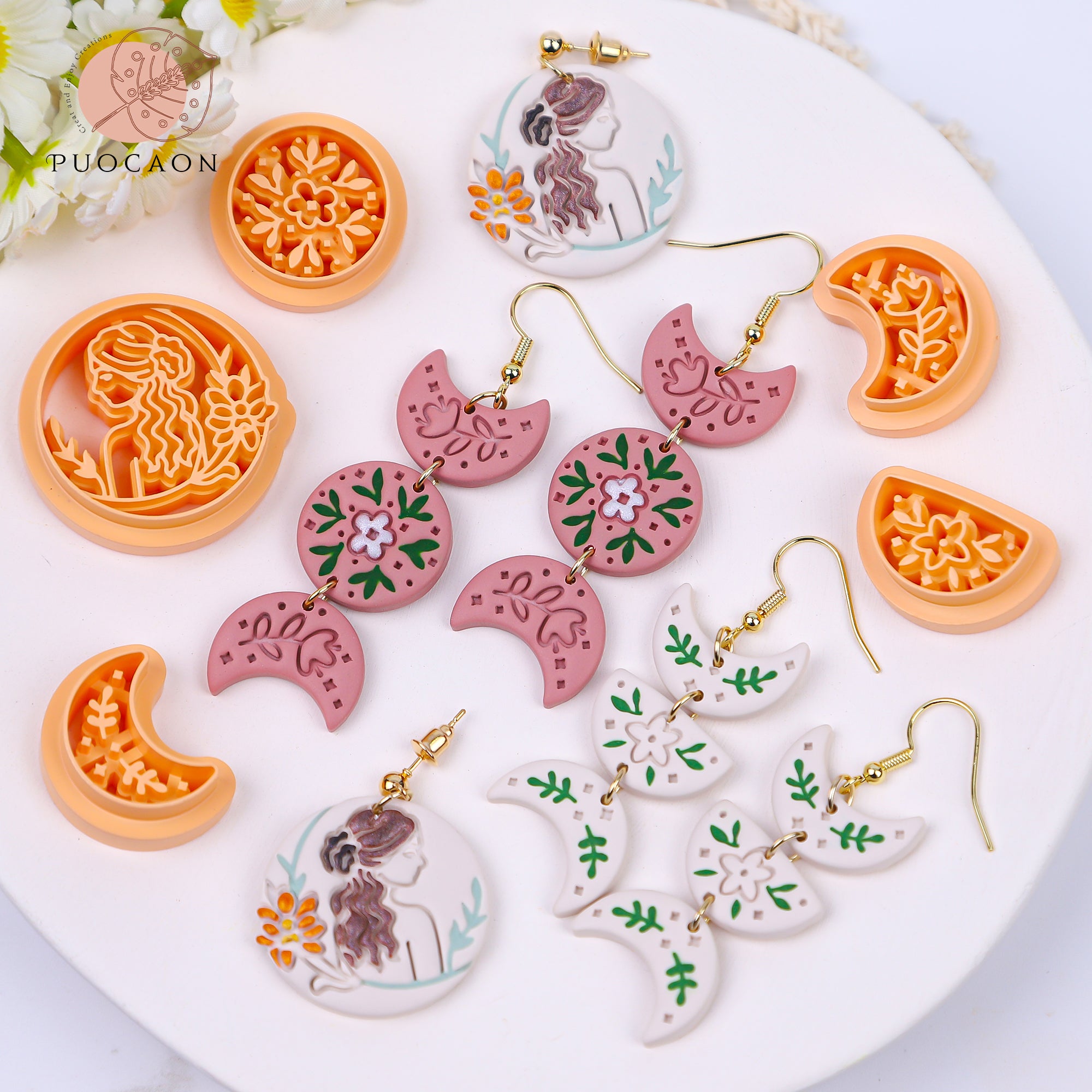 Puocaon Boho Moon Phase Clay Cutters Embossed Floral 5 Pcs