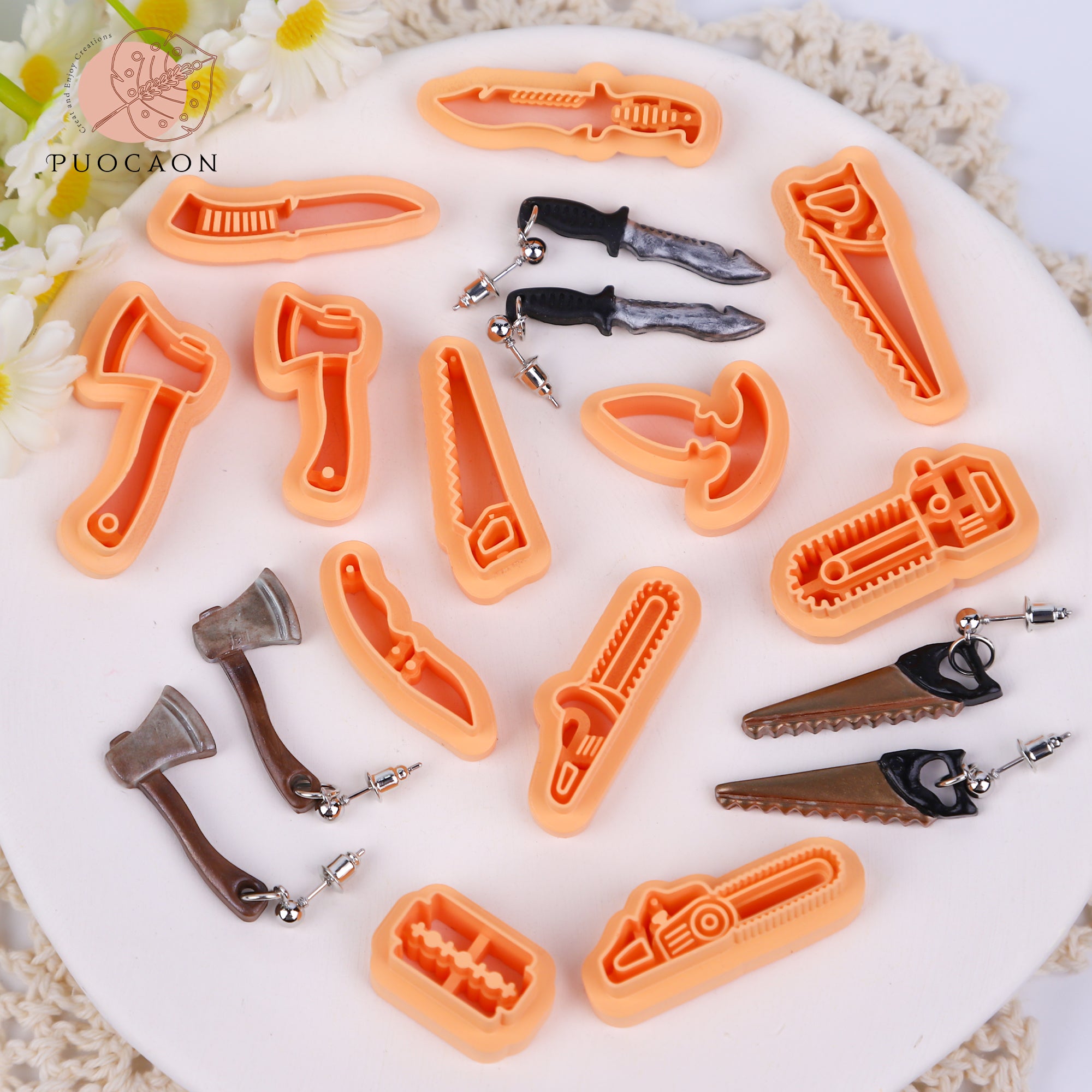 Puocaon Slasher Film Clay Cutters - 12 Pcs Clay Cutters for Polymer Clay Earrings, Horror Movie Weapons Clay Cutters for Polymer Clay Jewelry Making, Chainsaw Axe Clay Cutters for Earrings Jewelry