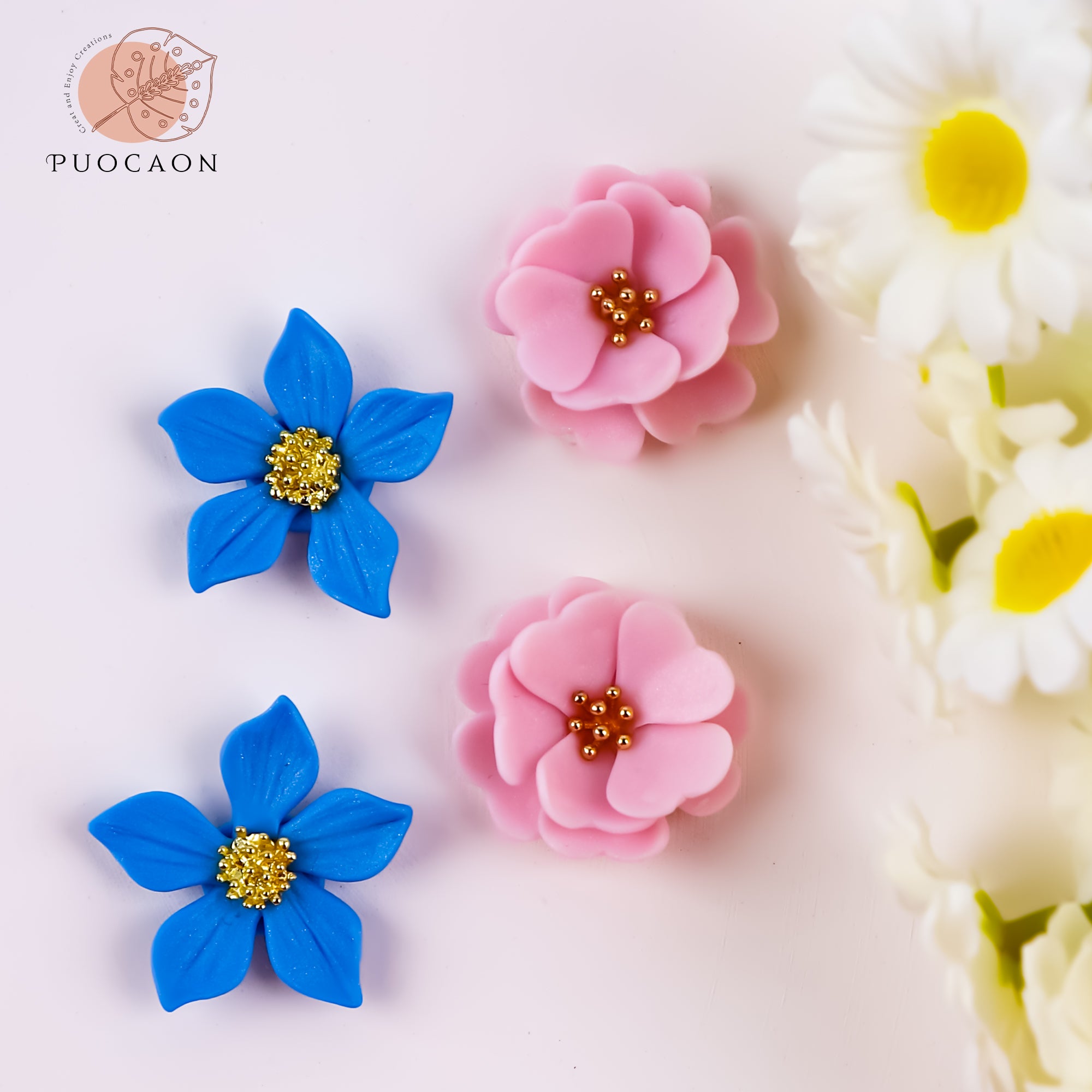 Puocaon Petal Polymer Clay Cutters - 20 Pcs Petal Clay Cutters for Polymer Clay Earrings, 30 Pcs Pistil Brass Charms 4 Petal Texture Clay Molds