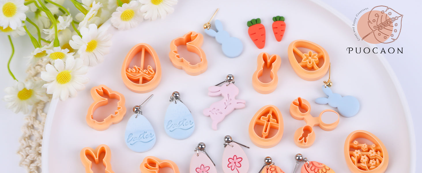 Puocaon Easter Polymer Clay Cutters - 27 Pcs Clay Cutters for Polymer Clay Earrings, Cute Rabbit Bunny Shape Clay Cutters, Carrot Easter Eggs Clay Jewelry Cutters, Rabbit Feet Clay Cutters