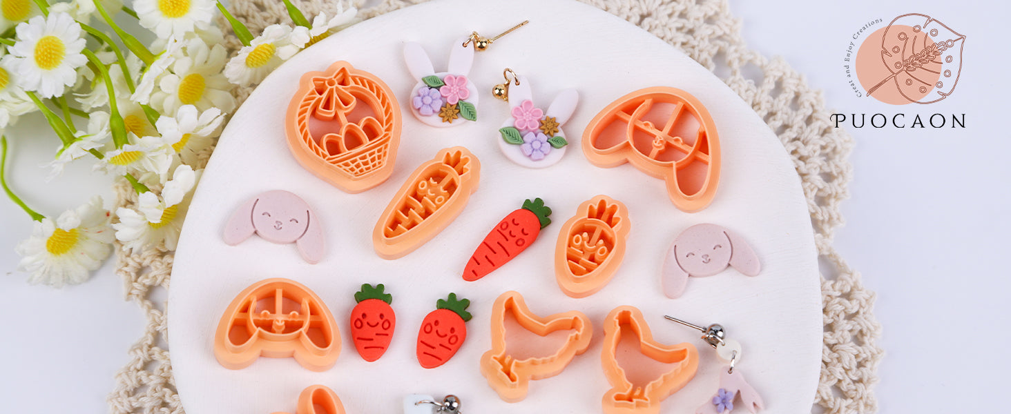 Puocaon Easter Polymer Clay Cutters - 15 Pcs Clay Cutters for Easter Polymer Clay Earrings Making, Rabbit Carrot Cross Clay Cutters, Cartoon Rabbit Head Clay Cutters for Polymer Clay Jewelry