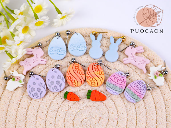 Puocaon Easter Polymer Clay Cutters - 27 Pcs Clay Cutters for Polymer Clay Earrings, Cute Rabbit Bunny Shape Clay Cutters, Carrot Easter Eggs Clay Jewelry Cutters, Rabbit Feet Clay Cutters