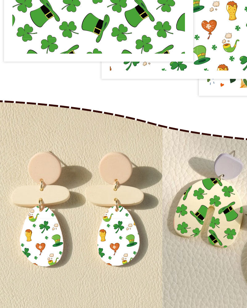 Puocaon Santa Patrick's Transfer Paper - 4 Design 20 Pcs Lucky Clover Polymer Clay Transfer Sheets, Leprechaun Transfer Paper for Polymer clay Earrings Making, Clover Polymer Clay Transfer Paper