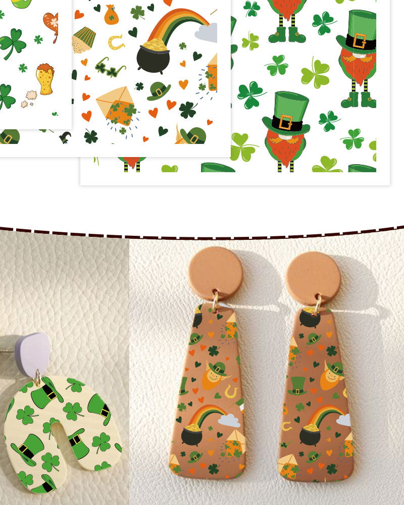 Puocaon Santa Patrick's Transfer Paper - 4 Design 20 Pcs Lucky Clover Polymer Clay Transfer Sheets, Leprechaun Transfer Paper for Polymer clay Earrings Making, Clover Polymer Clay Transfer Paper