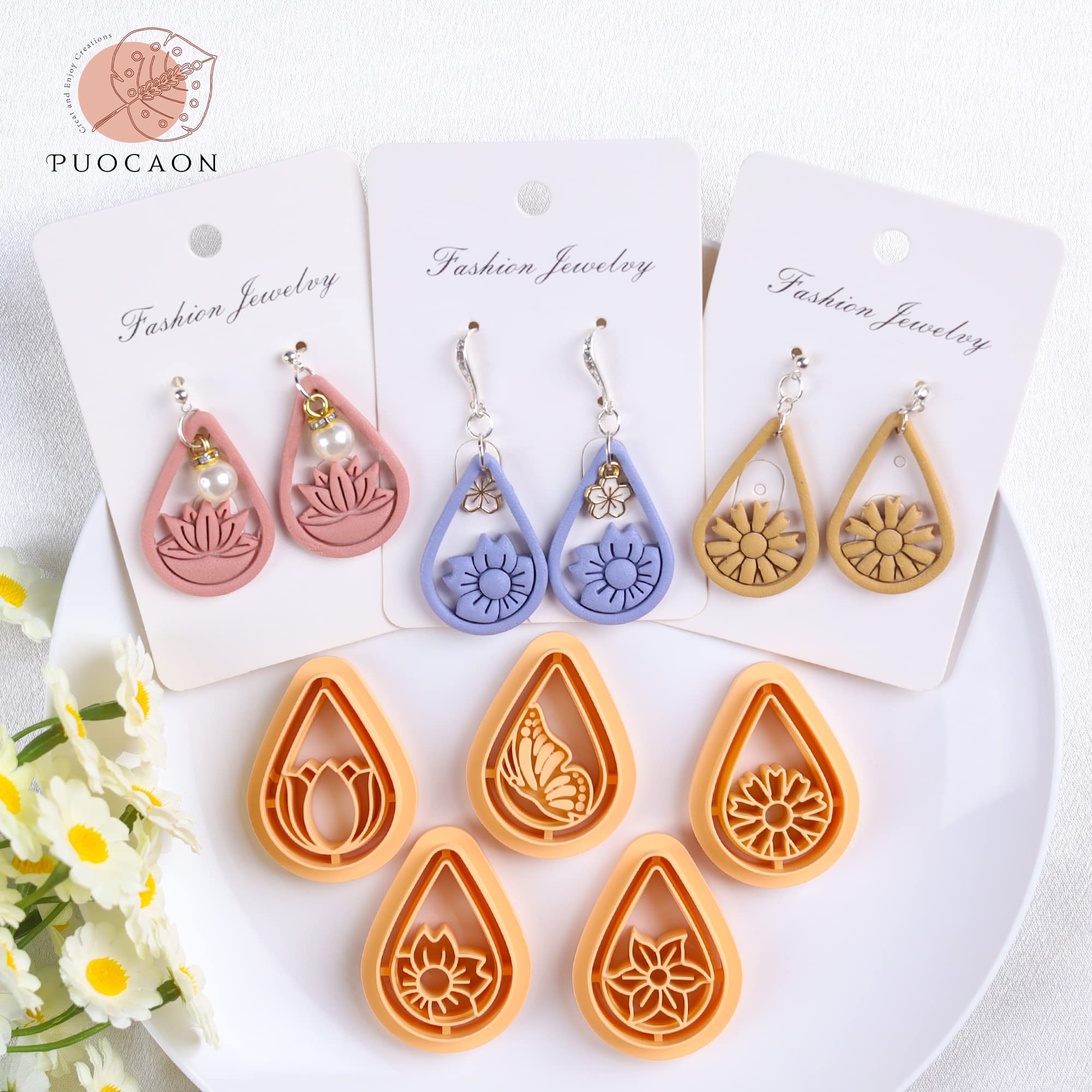 Puocaon Polymer Clay Cutters 6 Pcs Boho Teardrop Floral Cutters