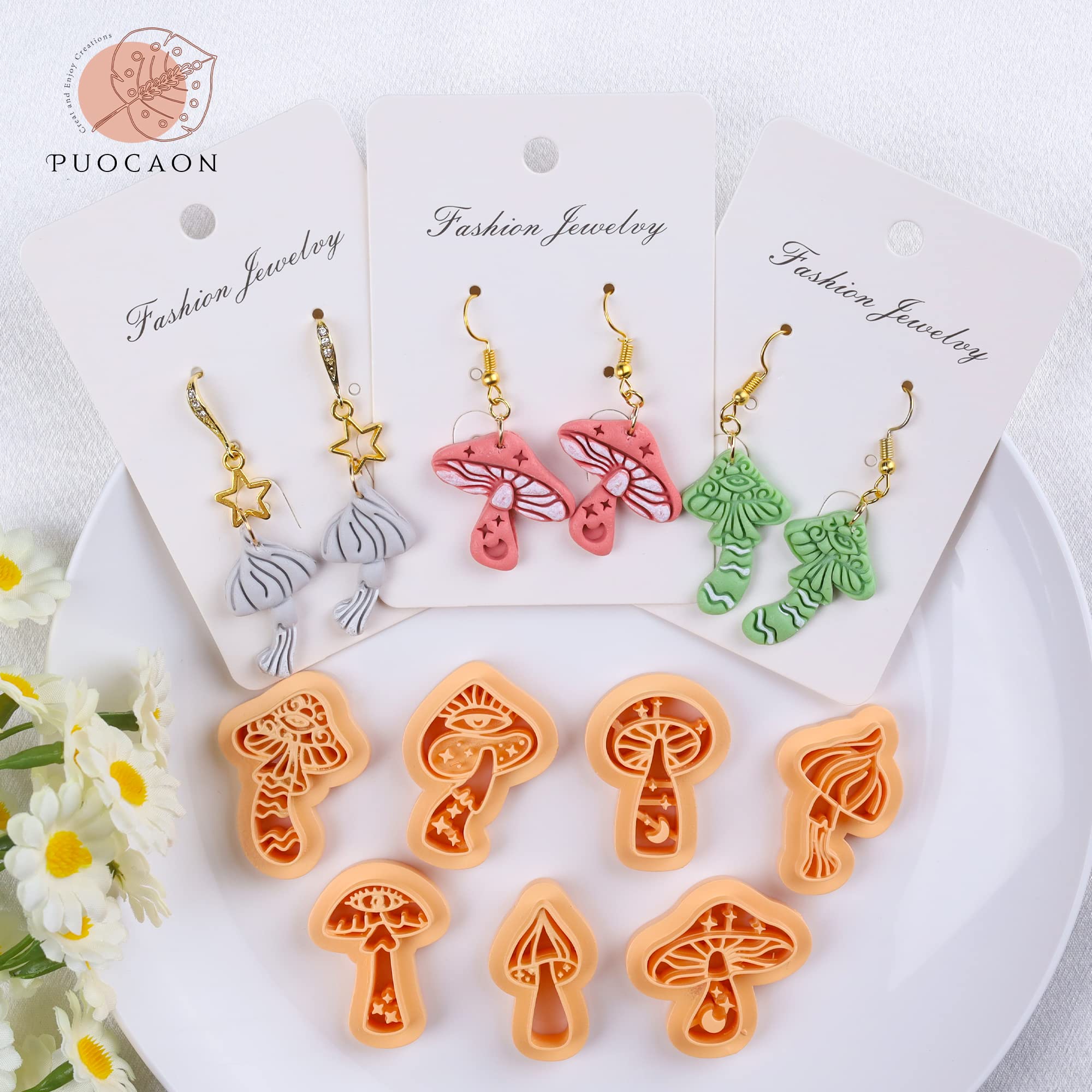 Puocaon Mystic Boho Mushroom  Clay Earring Cutters 8 Pcs