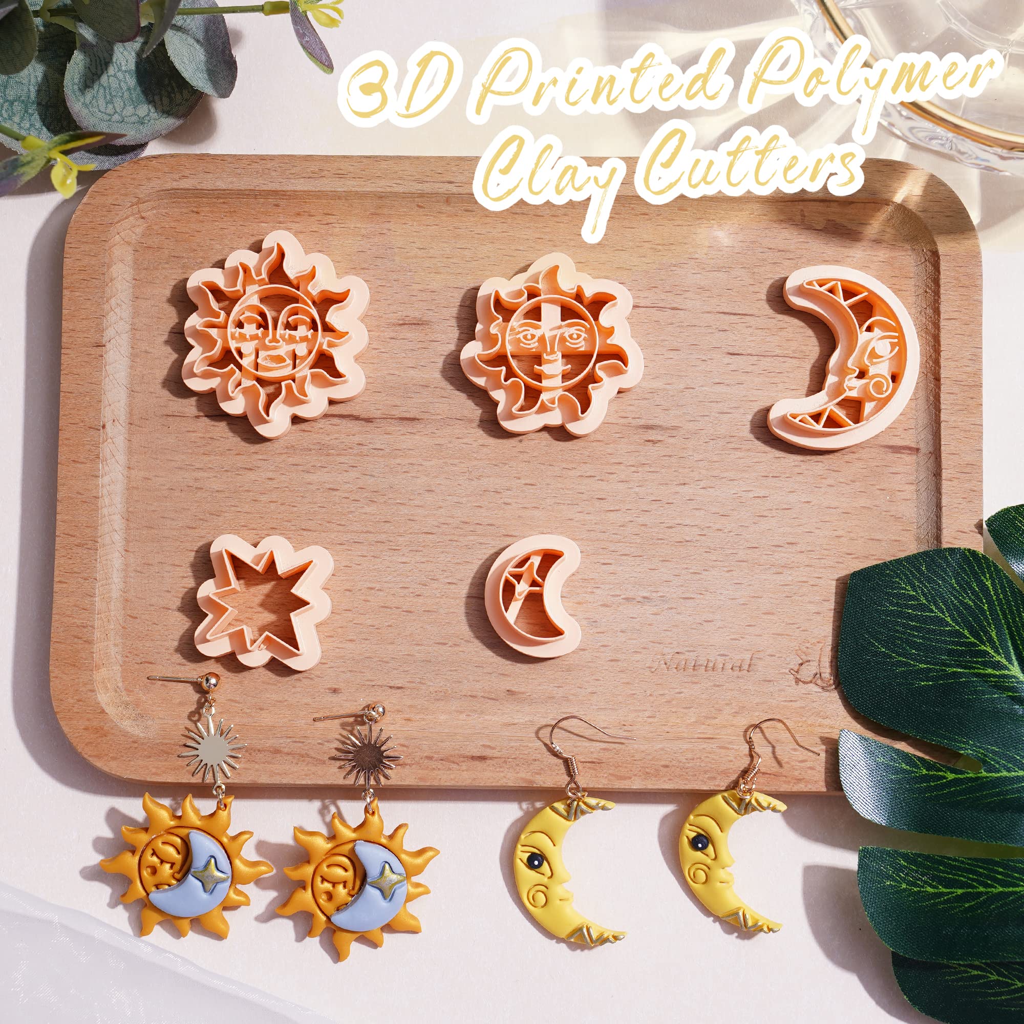 Puocaon Boho Polymer Clay Cutters 5 Pcs Embossed Moon Sun